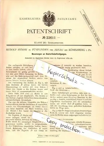 Original Patent - Rudolf Sydow in Fünflinden / Prochorowka per Arnau b. Königsberg , 1882 , Radbefestigung !!!