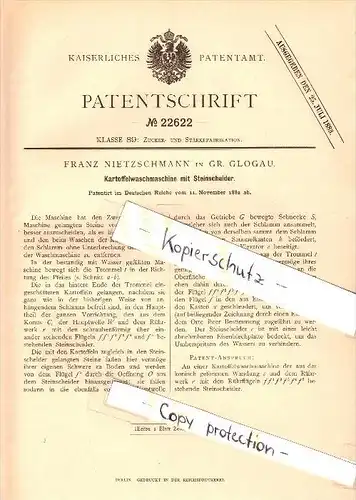 Original Patent - Franz Nitzschmann in Glogau / Glogow , 1882 , Kartoffel - Waschmaschine !!!