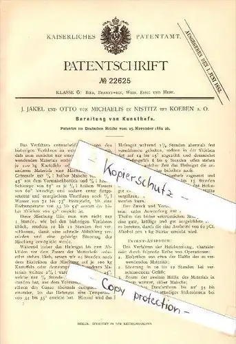 Original Patent - J. Jäkel und Otto von Michaelis in Nistitz b. Köben a. Oder / Chobienia , 1882 , Kunsthefe , Brauerei