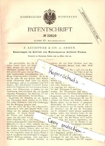 Original Patent - F. Asthöwer & Co. in Annen b. Witten , 1882 , Antrieb von Walzenpaaren , Maschinenbau !!!