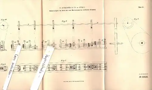 Original Patent - F. Asthöwer & Co. in Annen b. Witten , 1882 , Antrieb von Walzenpaaren , Maschinenbau !!!