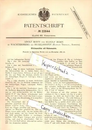 Original Patent - Rudolf Mohn in Wachtersberg b. Hugelshofen , 1882 , Stickmaschine , Stickerei , Kemmental , Thurgau