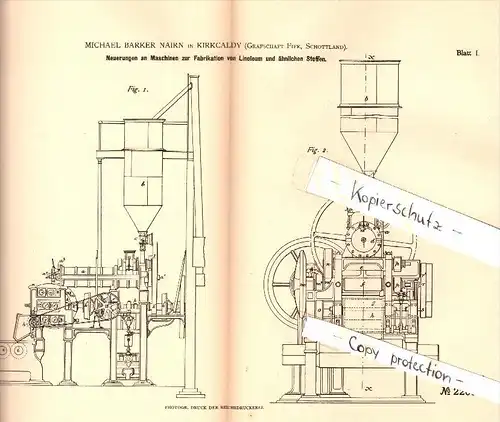 Original Patentschrift - M. Barker Nairn in Kirkcaldy , Scotland , 1882 , Machine for the manufacture of linoleum !!!