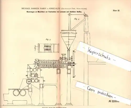 Original Patentschrift - M. Barker Nairn in Kirkcaldy , Scotland , 1882 , Machine for the manufacture of linoleum !!!
