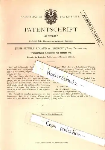 Original Patent - J.H. Roland à Jeumont , Nord , 1882 , bouilloire cuisson portatif pour la lessive !!