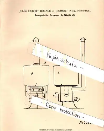 Original Patent - J.H. Roland à Jeumont , Nord , 1882 , bouilloire cuisson portatif pour la lessive !!