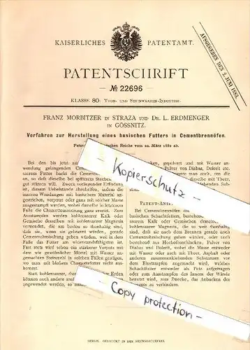 Original Patent - Franz Morbitzer in Straza und Dr. L. Erdmenger in Gößnitz , 1882 , basisches Futter aus Brennöfen !!!