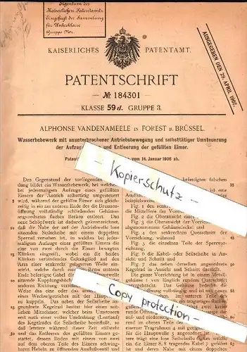 Original Patentschrift -  Alphonse Vandenameele in Forest chez Brüssel , 1906 , Wasser - Hebewerk !!!