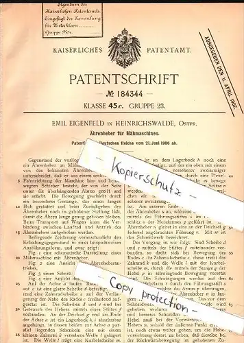 Original Patent - E. Eigenfeld in Heinrichswalde i. Ostpreussen / Slawsk , 1906 , Ährenheber für Mähmaschinen , Russland