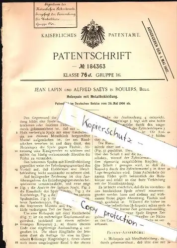 Original Patent - Jean Lapin und Alfred Saeys in Roulers , 1906 , Holzspule mit Metallbekleidung !!!