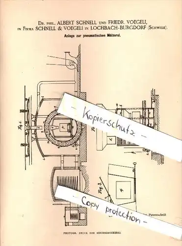 Original Patent - Dr. Albert Schnell und F. Voegeli in Lochbach-Burgdorf , 1884 , Anlage zur Mälzerei , Brauerei !!!