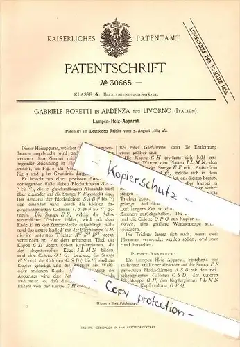Original Patent - Gabriele Boretti in Ardenza b. Livorno , Italia , 1884 , Riscaldatore Lamp !!!