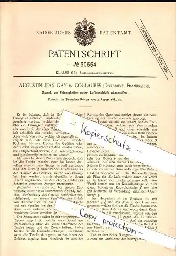 Original Patent - Augustin Jean Gay à  Coulaures , Dordogne , 1884 , Bonde pour liquides , maison d'hotes !!!