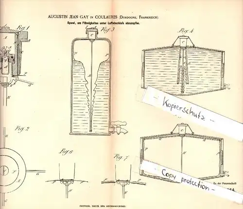 Original Patent - Augustin Jean Gay à  Coulaures , Dordogne , 1884 , Bonde pour liquides , maison d'hotes !!!