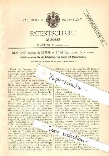 Original Patent - Blanchet & Kléber à Rives , Isére , 1884 , Fabrication de papier avec filigrane !!!