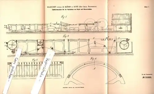 Original Patent - Blanchet & Kléber à Rives , Isére , 1884 , Fabrication de papier avec filigrane !!!