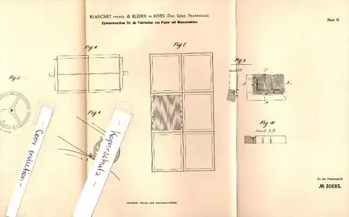 Original Patent - Blanchet & Kléber à Rives , Isére , 1884 , Fabrication de papier avec filigrane !!!