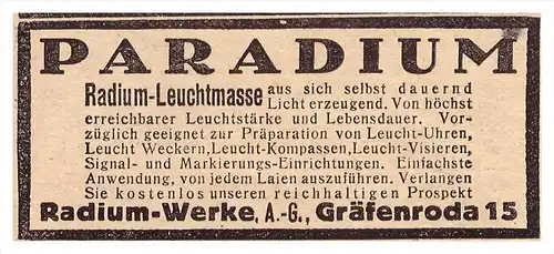 original Werbung - 1918 - Paradium - Gräfenroda , Radium - Leuchtmasse , Beleuchtung !!!