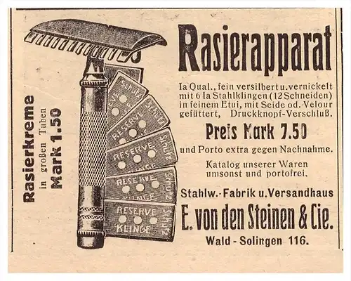 original Werbung - 1918 - Rasierapparat , E. von den Steinen & Cie in Solingen , Rasierer , Rasur , Bart !!!