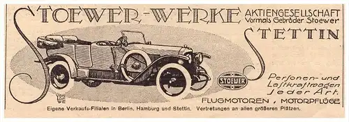 original Werbung - 1918 - STOEWER - Automobile , Stettin ,  Hamburg , Oldtimer !!