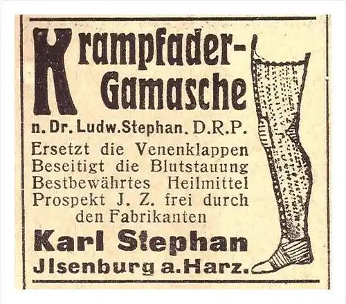 original Werbung - 1918 - Krampfader - Gamasche , Karl Stephan in Ilsenburg a. Harz !!!