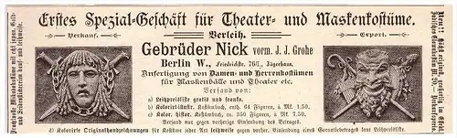 original Werbung - 1891 - Theater- und Maskenkostüme , Karneval - Masken , G. Nick in Berlin , Kostüme , Fasching !!!