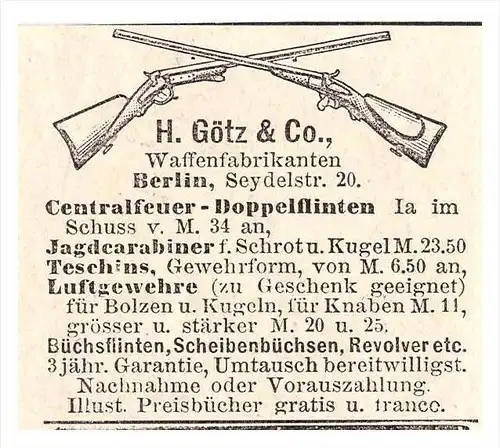 original Werbung - 1891 - H. Götz & Co , Waffenfabrik in Berlin , Gewehre , Revolver !!!