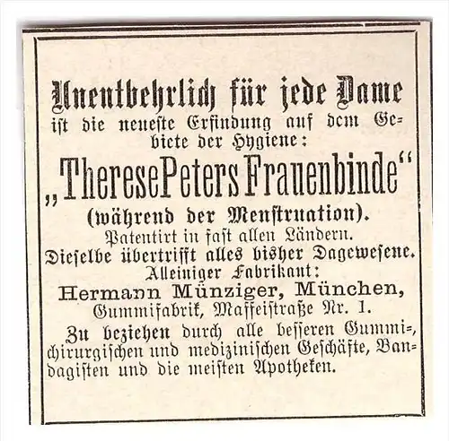 original Werbung - 1891 - Frauenbinde , Therese Peters , Gummifabrik in München , Menstruation !!!