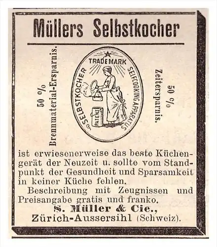 original Werbung - 1891 - Müllers Selbstkocher , S. Müller & Cie in Zürich - Aussersihl . , Küche , Koch  !!!