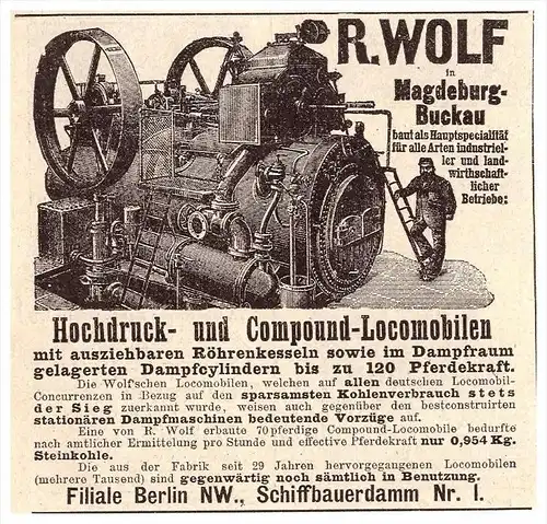 original Werbung - 1891 - R. Wolf in Magdeburg-Buckau , Locomobile , Lokomobile ,Dampfmaschinen , Hamburg !!!