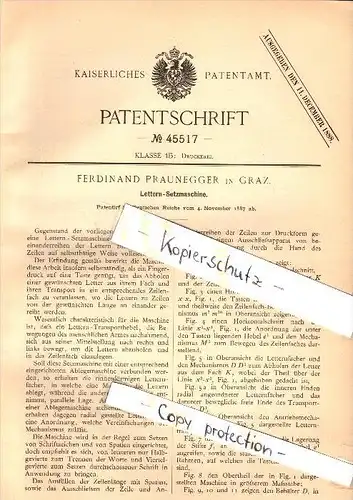 Original Patent - Ferdinand Praunegger in Graz , 1887 , Lettern - Setzmaschine , Druckerei , Druck !!!