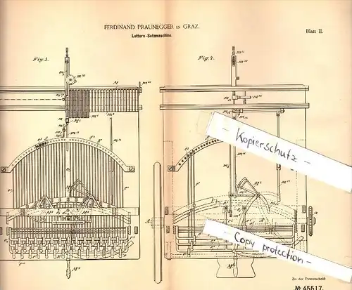 Original Patent - Ferdinand Praunegger in Graz , 1887 , Lettern - Setzmaschine , Druckerei , Druck !!!