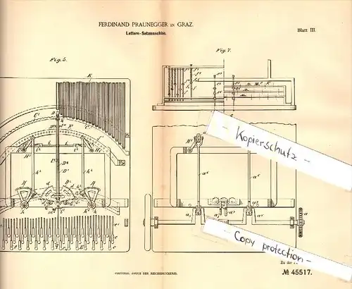 Original Patent - Ferdinand Praunegger in Graz , 1887 , Lettern - Setzmaschine , Druckerei , Druck !!!