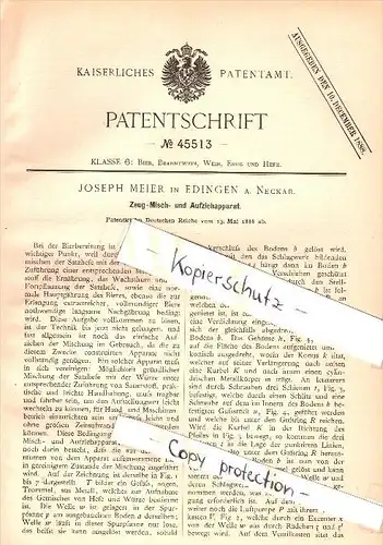 Original Patent - Jospeph Meier in Edingen a. Neckar , 1888, Mischapparat , Bier , Brauerei , Neckarhausen , Alkohol !!!