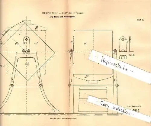 Original Patent - Jospeph Meier in Edingen a. Neckar , 1888, Mischapparat , Bier , Brauerei , Neckarhausen , Alkohol !!!