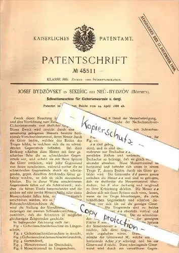 Original Patent - Josef Bydzovsky in Sekeric b. Neu-Bydzov / Novy Bydzov , 1888 , Schneidemaschine , Neubidschow !!!