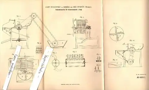 Original Patent - Josef Bydzovsky in Sekeric b. Neu-Bydzov / Novy Bydzov , 1888 , Schneidemaschine , Neubidschow !!!
