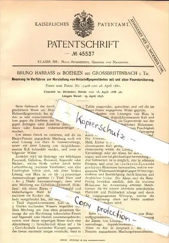Original Patent - Bruno Harrass in Böhlen b. Großbreitenbach i. Th., 1888, Herstellung von Holzstoff , Holz , Tischlerei