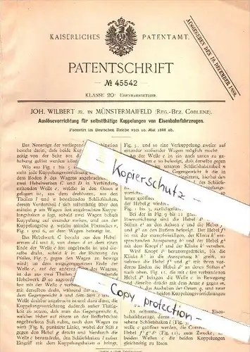 Original Patent - Joh. Wilbert in Münstermaifeld , Bez. Coblenz , 1888 , Kupplung für Eisenbahn , Koblenz !!!