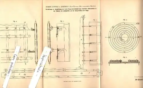 Original Patent - Joseph Kohnle in Enkering b. Kinding , 1888 , Temperaturausgleich für Orgel , Kirche , Bayern  !!!