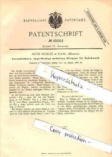 Original Patent - Alois Schulz in Iglau / Jihlava , 1888 , Strippen für Schuhwerk , Schuhe , Schuhmacher !!!