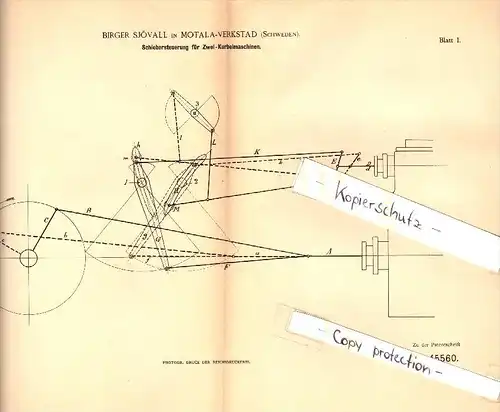 Original Patent - Birger Sjövall in Motala - Verkstad , Schweden , 1888 , Steuerung für Kurbelmaschinen , Dampfmaschine