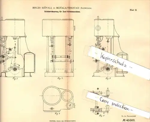 Original Patent - Birger Sjövall in Motala - Verkstad , Schweden , 1888 , Steuerung für Kurbelmaschinen , Dampfmaschine