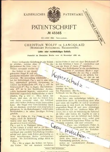 Original Patent - Christian Wolff in Langquaid , 1887 , zweitätiges Schloß , Schlüsseldienst , Rottenburg !!!