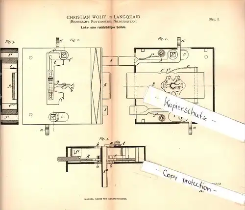 Original Patent - Christian Wolff in Langquaid , 1887 , zweitätiges Schloß , Schlüsseldienst , Rottenburg !!!