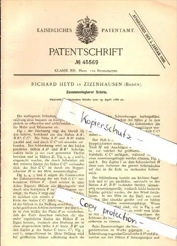 Original Patent - Richard Heyd in Zizenhausen / Stockach&#8203; , 1888 , zusammenlegbarer Schirm , Maler !!!