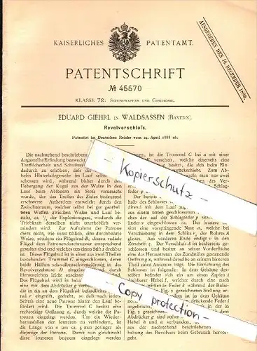 Original Patent - Eduard Giehrl in Waldsassen , 1888 , Revolverschloß , Revolver , Pistole , Bayern  !!!