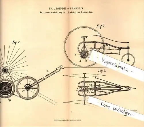 Original Patent - P.L. Brendel in Pirmasens , 1888 , Antrieb für dreirädrige Fahrräder , Fahrrad , bicycle !!!
