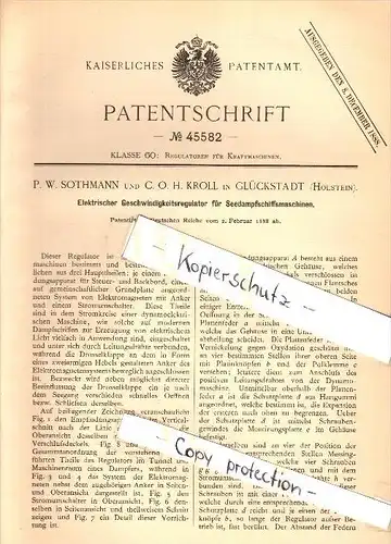 Original Patent - P.W. Sothmann und C.H. Kroll in Glückstadt a. Elbe , 1888 ,Regulator für Seedampf-Schiffsmaschinen !!!