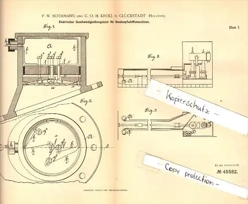 Original Patent - P.W. Sothmann und C.H. Kroll in Glückstadt a. Elbe , 1888 ,Regulator für Seedampf-Schiffsmaschinen !!!